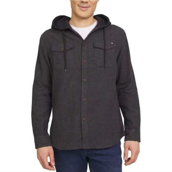 🔸️NWT Quicksilver Black Hooded Buttoned Flannel Mens Large